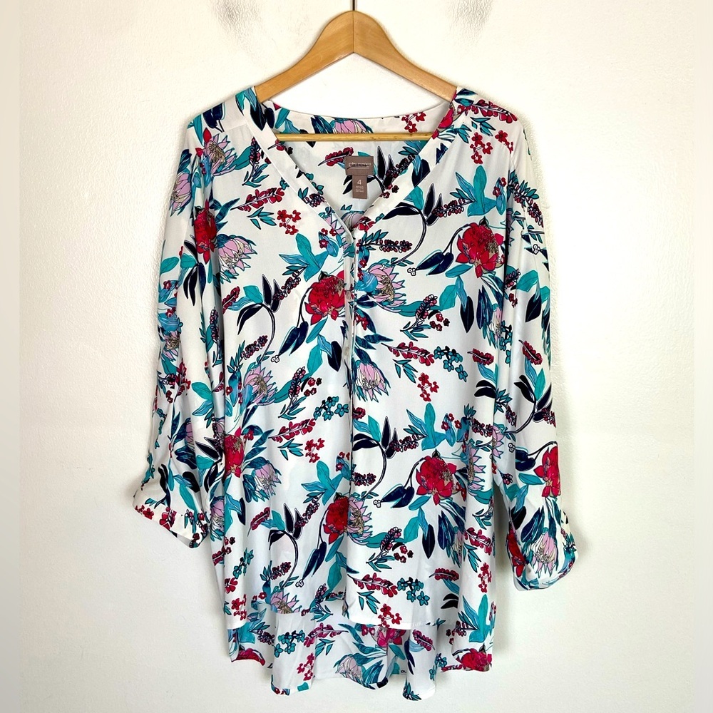 Chico's Chiffon Floral 3/4 Sleeves Top Size 4 US XXL Button Down Summer Tropical